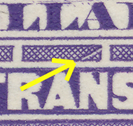 diagonal cut in engraving above "RAN" of TRANSFER on some ST115/ST115a type stamps