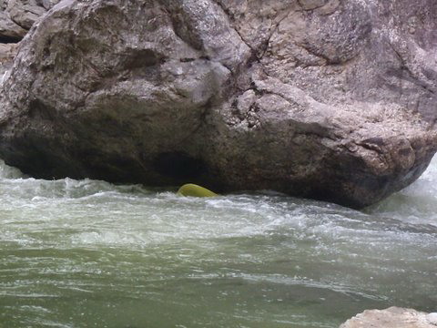 Boat Stuck under Hydroelectric Rock (retrieved by pulling upstream) (photo by Tim Gill)