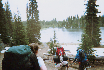 Hikers approaching lake