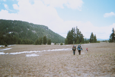 Hikers crossing open area