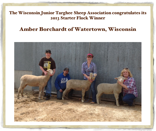 
The Wisconsin Junior Targhee Sheep Association congratulates its 2013 Starter Flock Winner

Amber Borchardt of Watertown, Wisconsin


￼