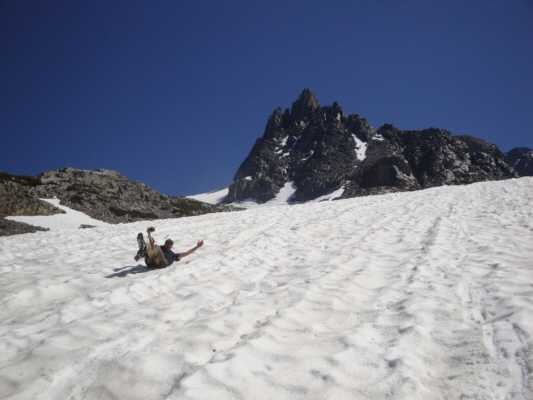 Ben glissades down a large snowfield
