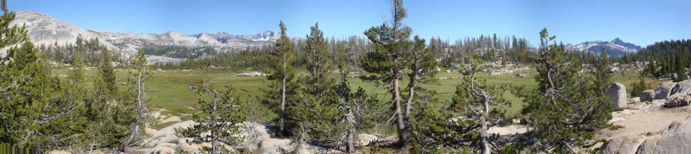 Panorama from near our tent, looking over the meadows below Sunrise High Sierra Camp
