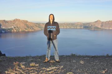 Mike at Cloud Cap viewpoint at Crater Lake, after sunrise photographs