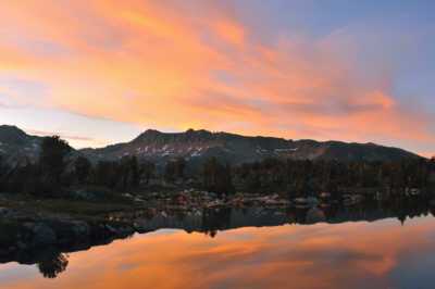 First sunset over the tarn beside camp