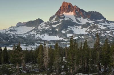 First sunrise on Banner Peak over 1000 Island Lake