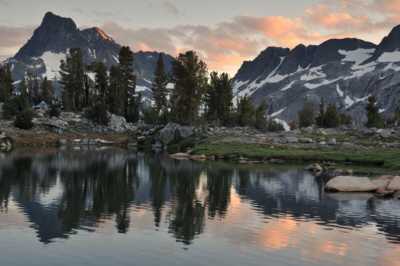 Sunset on Banner Peak over camp and tarn