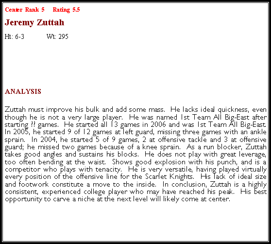 Text Box: Center  Rank  5		 Rating  5.5Jeremy ZuttahHt: 6-3	Wt: 295￼Analysis Zuttah must improve his bulk and add some mass.  He lacks ideal quickness, even though he is not a very large player.  He was named 1st Team All Big-East after starting ?? games.  He started all 13 games in 2006 and was 1st Team All Big-East.  In 2005, he started 9 of 12 games at left guard, missing three games with an ankle sprain.  In 2004, he started 5 of 9 games, 2 at offensive tackle and 3 at offensive guard; he missed two games because of a knee sprain.  As a run blocker, Zuttah takes good angles and sustains his blocks.  He does not play with great leverage, too often bending at the waist.  Shows good explosion with his punch, and is a competitor who plays with tenacity.  He is very versatile, having played virtually every position of the offensive line for the Scarlet Knights.  His lack of ideal size and footwork constitute a move to the inside.  In conclusion, Zuttah is a highly consistent, experienced college player who may have reached his peak.  His best opportunity to carve a niche at the next level will likely come at center.