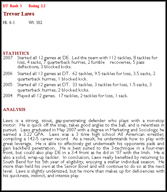 Text Box: DT  Rank  3	Rating  2.2 Trevor LawsHt: 6-1	Wt: 302￼Statistics 2007	 Started all 12 games at DE.  Led the team with 112 tackles, 8 tackles for   	loss, 4 sacks, 7 quarterback hurries, 2 fumble    recoveries, 5 pass  	deflections, 3 blocked kicks.2006	Started all 13 games at DT.  62 tackles, 9.5 tackles for loss, 3.5 sacks, 2 	quarterback hurries, 1 blocked kick.2005	Started all 12 games at DT.  33 tackles, 3 tackles for loss, 1.5 sacks, 3 	quarterback hurries, 2 blocked kicks.2004	Played all 12 games.  17 tackles, 2 tackles for loss, 1 sack.Analysis Laws is a strong, stout, gap-penetrating defender who plays with a non-stop motor.  He is quick off the snap, takes good angles to the ball, and is relentless in pursuit.  Laws graduated in May 2007 with a degree in Marketing and Sociology; he earned a 3.22 GPA.  Laws was a 3 time high school All American wrestler, compiling a 142-5 career record.  As a result, he understands how to play with great leverage.  He is able to effectively get underneath his opponents pads and gain backfield penetration.  He is best suited to the 3-technique in a four-man front, but could also play DE in a 3-4 front as he did in �07 with the Irish.  He is also a solid, wrap-up tackler.  In conclusion, Laws really benefited by returning to South Bend for his 5th year of eligibility, enjoying a stellar individual season.  He more than held his own at the Senior Bowl and will continue to do so at the next level.  Laws is slightly undersized, but he more than makes up for deficiencies with his quickness, instinct, and intense play.