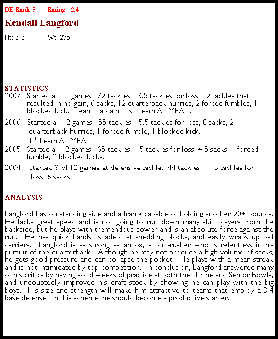 Text Box: DE  Rank  5	Rating    2.4  Kendall LangfordHt: 6-6	Wt: 275￼Statistics 2007	Started all 11 games.  72 tackles, 13.5 tackles for loss, 12 tackles that resulted in no gain, 6 sacks, 12 quarterback hurries, 2 forced fumbles, 1 blocked kick.  Team Captain.  1st Team All MEAC.2006   Started all 12 games.  55 tackles, 15.5 tackles for loss, 8 sacks, 2 	quarterback hurries, 1 forced fumble, 1 blocked kick. 	1st Team All MEAC.2005	Started all 12 games.  65 tackles, 1.5 tackles for loss, 4.5 sacks, 1 forced fumble, 2 blocked kicks.2004    Started 3 of 12 games at defensive tackle.  44 tackles, 11.5 tackles for 	 	 loss, 6 sacks.ANALYSISLangford has outstanding size and a frame capable of holding another 20+ pounds.  He lacks great speed and is not going to run down many skill players from the backside, but he plays with tremendous power and is an absolute force against the run.  He has quick hands, is adept at shedding blocks, and easily wraps up ball carriers.  Langford is as strong as an ox, a bull-rusher who is relentless in his pursuit of the quarterback.  Although he may not produce a high volume of sacks, he gets good pressure and can collapse the pocket.  He plays with a mean streak and is not intimidated by top competition.  In conclusion, Langford answered many of his critics by having solid weeks of practice at both the Shrine and Senior Bowls, and undoubtedly improved his draft stock by showing he can play with the big boys.  His size and strength will make him attractive to teams that employ a 3-4 base defense.  In this scheme, he should become a productive starter.  