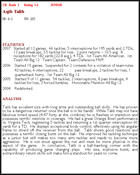 Text Box: CB   Rank  1	Rating  1.4  	JUNIORAqib TalibHt: 6-2	Wt: 205	￼Statistics 2007	Started all 13 games.  66 tackles, 5 interceptions for 195 yards and 2 TDs, 13 pass breakups, 3.5 tackles for loss.  2 punt returns � 10.5 avg.  8 receptions for 182 yards (22.8 avg.), 4 TDs.  1st Team All American.  1st Team All Big 12.  Team Captain.  Team Defensive MVP.2006	Started 10 games.  Suspended for 2 contests for a violation of team rules.  	42 tackles, 6 interceptions, 22 	pass breakups, 2 tackles for loss, 1 	quarterback hurry.  1st Team All Big 12.2005	 Started 9 of 11 games.  54 tackles, 2 interceptions, 8 pass breakups, 4   	tackles for loss, 2 forced fumbles.   Honorable Mention All Big 12.2004	Redshirted.ANALYSIS Talib has excellent size with long arms and outstanding ball skills.  He has proven to be a dangerous returner once the ball is in his hands.  While Talib may not have fabulous timed speed (4.47 forty at the combine) he is flawless in transition and possesses terrific instincts in coverage.  He had a great Orange Bowl performance vs. Virginia Tech, registering 5 tackles and returning a 1st quarter interception 60 yards for a TD.  He displays exceptional body control, effectively using his angular frame to shield off the receiver from the ball.  Talib shows good reactions and possesses a terrific closing burst on the ball.  He improved his tackling technique as a junior but still makes too many arm tackles and needs to become more aggressive.  He is not stout against the run and must be more physical in this aspect of the game.  In conclusion, Talib is a ball-hawking corner with the capability of producing game changing plays.  His size, explosive burst, and extraordinary return skills will make him a standout for years to come.