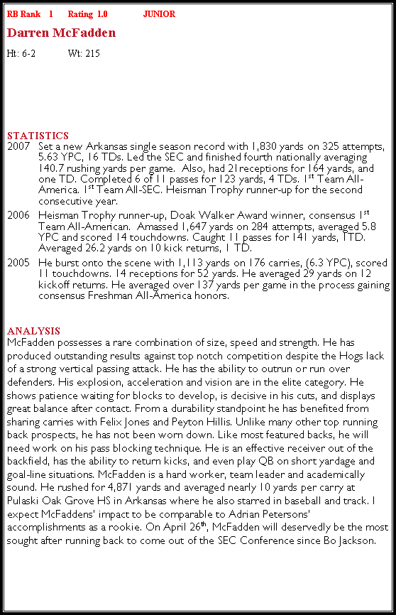 Text Box: RB Rank    1	Rating  1.0		JUNIORDarren McFadden   Ht: 6-2	Wt: 215￼Statistics 2007	Set a new Arkansas single season record with 1,830 yards on 325 attempts, 5.63 YPC, 16 TDs. Led the SEC and finished fourth nationally averaging 140.7 rushing yards per game.  Also, had 21receptions for 164 yards, and one TD. Completed 6 of 11 passes for 123 yards, 4 TDs. 1st Team All-America. 1st Team All-SEC. Heisman Trophy runner-up for the second consecutive year.2006 	Heisman Trophy runner-up, Doak Walker Award winner, consensus 1st Team All-American.  Amassed 1,647 yards on 284 attempts, averaged 5.8 YPC and scored 14 touchdowns. Caught 11 passes for 141 yards, 1TD. Averaged 26.2 yards on 10 kick returns, 1 TD.      	2005	He burst onto the scene with 1,113 yards on 176 carries, (6.3 YPC), scored 11 touchdowns. 14 receptions for 52 yards. He averaged 29 yards on 12 kickoff returns. He averaged over 137 yards per game in the process gaining consensus Freshman All-America honors.Analysis McFadden possesses a rare combination of size, speed and strength. He has produced outstanding results against top notch competition despite the Hogs lack of a strong vertical passing attack. He has the ability to outrun or run over defenders. His explosion, acceleration and vision are in the elite category. He shows patience waiting for blocks to develop, is decisive in his cuts, and displays great balance after contact. From a durability standpoint he has benefited from sharing carries with Felix Jones and Peyton Hillis. Unlike many other top running back prospects, he has not been worn down. Like most featured backs, he will need work on his pass blocking technique. He is an effective receiver out of the backfield, has the ability to return kicks, and even play QB on short yardage and goal-line situations. McFadden is a hard worker, team leader and academically sound. He rushed for 4,871 yards and averaged nearly 10 yards per carry at Pulaski Oak Grove HS in Arkansas where he also starred in baseball and track. I expect McFaddens� impact to be comparable to Adrian Petersons� accomplishments as a rookie. On April 26th, McFadden will deservedly be the most sought after running back to come out of the SEC Conference since Bo Jackson.  