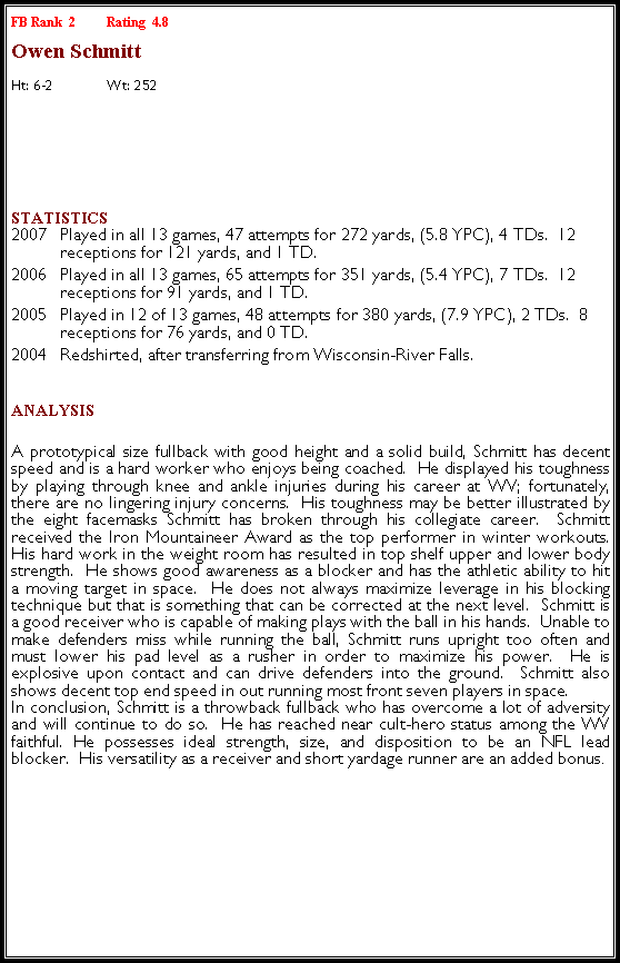 Text Box: FB Rank  2	Rating  4.8Owen SchmittHt: 6-2	Wt: 252￼Statistics 2007	Played in all 13 games, 47 attempts for 272 yards, (5.8 YPC), 4 TDs.  12 receptions for 121 yards, and 1 TD.2006	Played in all 13 games, 65 attempts for 351 yards, (5.4 YPC), 7 TDs.  12 receptions for 91 yards, and 1 TD.2005	Played in 12 of 13 games, 48 attempts for 380 yards, (7.9 YPC), 2 TDs.  8 receptions for 76 yards, and 0 TD.2004	Redshirted, after transferring from Wisconsin-River Falls.	Analysis A prototypical size fullback with good height and a solid build, Schmitt has decent speed and is a hard worker who enjoys being coached.  He displayed his toughness by playing through knee and ankle injuries during his career at WV; fortunately, there are no lingering injury concerns.  His toughness may be better illustrated by the eight facemasks Schmitt has broken through his collegiate career.  Schmitt received the Iron Mountaineer Award as the top performer in winter workouts. His hard work in the weight room has resulted in top shelf upper and lower body strength.  He shows good awareness as a blocker and has the athletic ability to hit a moving target in space.  He does not always maximize leverage in his blocking technique but that is something that can be corrected at the next level.  Schmitt is a good receiver who is capable of making plays with the ball in his hands.  Unable to make defenders miss while running the ball, Schmitt runs upright too often and must lower his pad level as a rusher in order to maximize his power.  He is explosive upon contact and can drive defenders into the ground.  Schmitt also shows decent top end speed in out running most front seven players in space.In conclusion, Schmitt is a throwback fullback who has overcome a lot of adversity and will continue to do so.  He has reached near cult-hero status among the WV faithful. He possesses ideal strength, size, and disposition to be an NFL lead blocker.  His versatility as a receiver and short yardage runner are an added bonus.