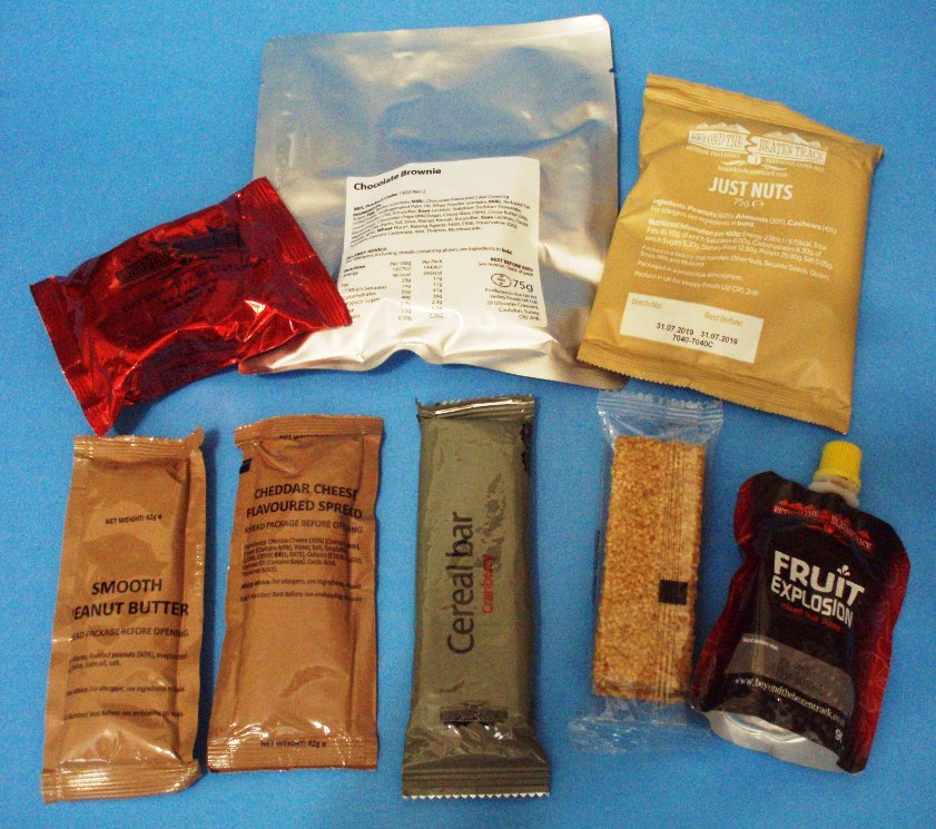British 24-hour operational ration pack, Menu 18, condiments and snacks.
