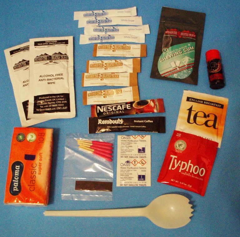 British 24-hour operational ration pack, Menu 18, coffee, tea and accessories.