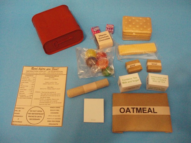 British 24-hour ration pack, Spam, full contents.