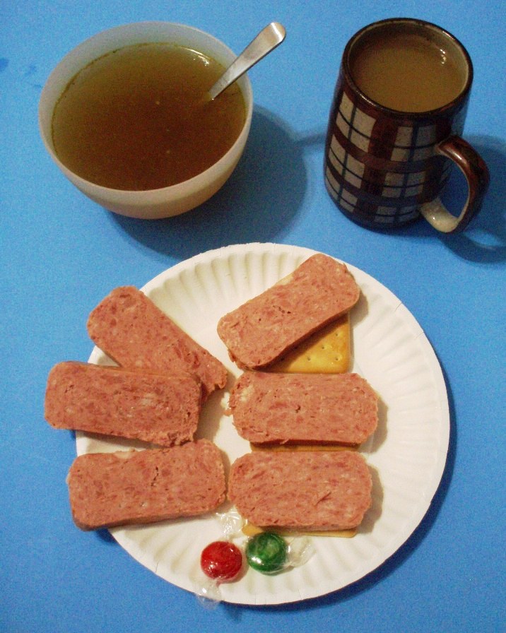 What could be better than Spam on crackers??? Spam on crackers with tea! AND beef bullion!