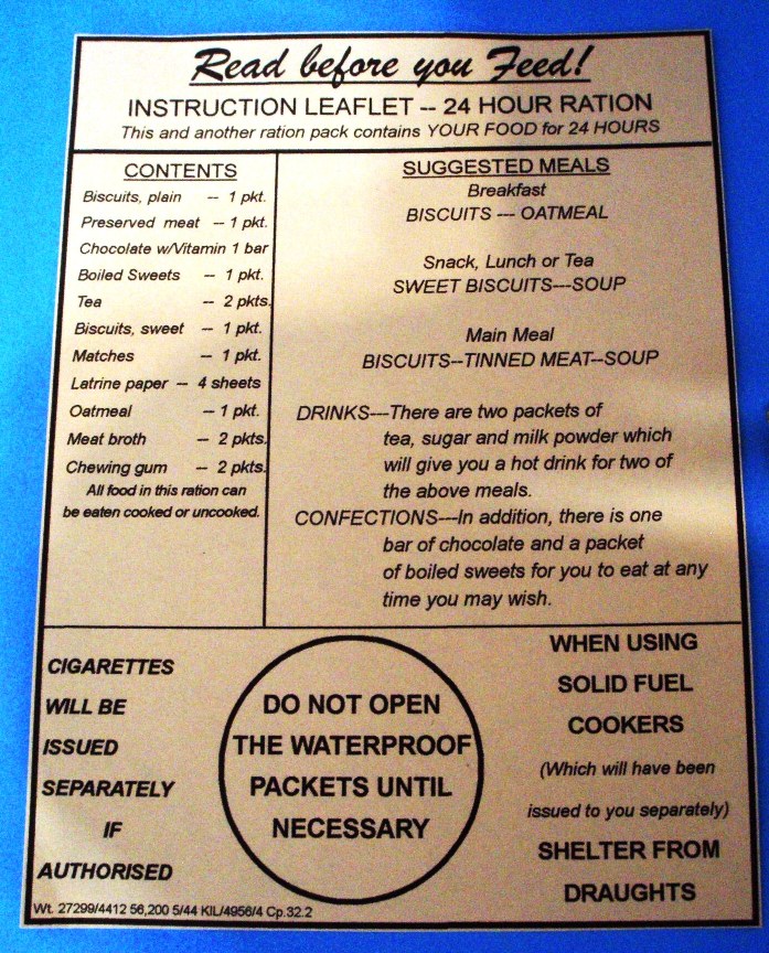 British 24-hour ration instructions and sample menus.