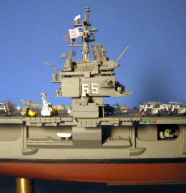 Starboard side of the island, showing the scratchbuilt addition for the starboard CIWS weapon mount.