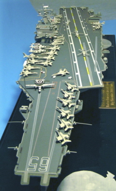 Overall view of the flight deck, looking from the bow aft. There are a total of 37 aircraft on the deck, each one hand painted and hand decaled. All of the decals were either custom made or custom ordered.