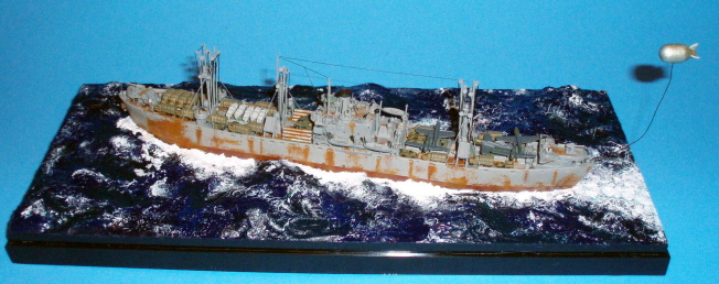 Overall view of the finished Liberty ship model from the port side.