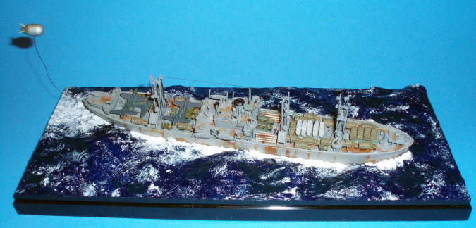 Overall view of the finished liberty ship model from the starboard side.
