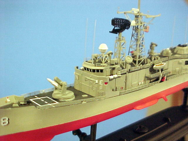 The SM-1 missile launcher shows up good in this view. The white radar domes and life raft canisters give some color to an otherwise drab color scheme.
