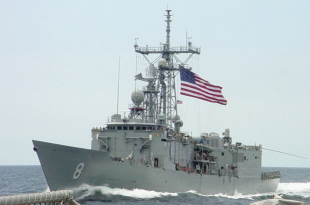 USS McInerney, FFG 8, under way at high speed.