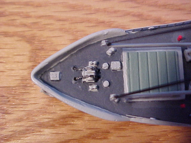 Close up of the bow and No. 1 hatch. Note photoetched anchor chains and hatch details.
