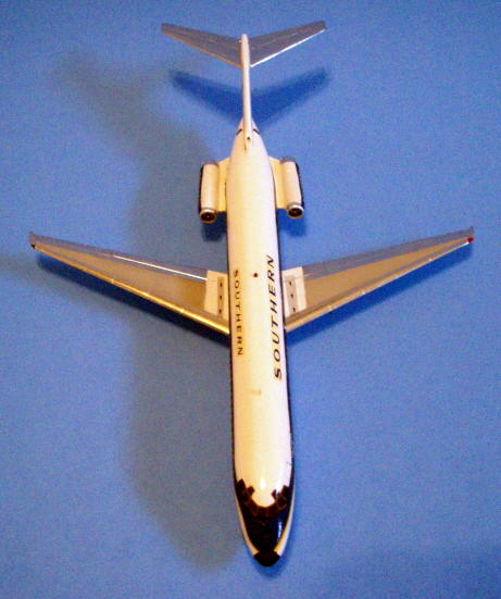 Overhead view of the We Are Marshall DC-9 from the nose. You may notice that the Southern logo on each side of the fuselage is different. The reason for that was that one of the large decals ripped into such small pieces that I wasn't able to piece it together, so I had to use one of the smaller Southern names for the right side. 
