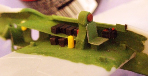Close-up of the cockpit and radio compartment of the Avenger, showing details added with bits of styrene.