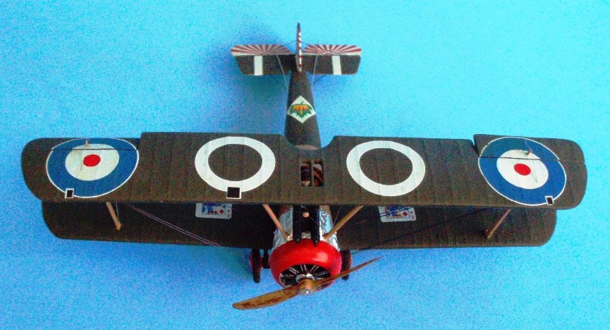 Overhead front view of the Camel. The black squares in the top wing are viewing ports for ground personnel to check control wires inside the wings. They are represented by decals here.