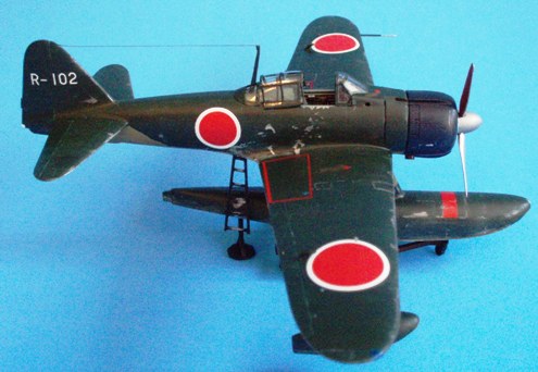 Right side view of the finished Rufe shows the famous Zero heritage to advantage. The large red square 'Don't Step Here' decals on the wings were put in in four pieces although they came as single decals. I cut out the centers to reduce the possibility of silvering.