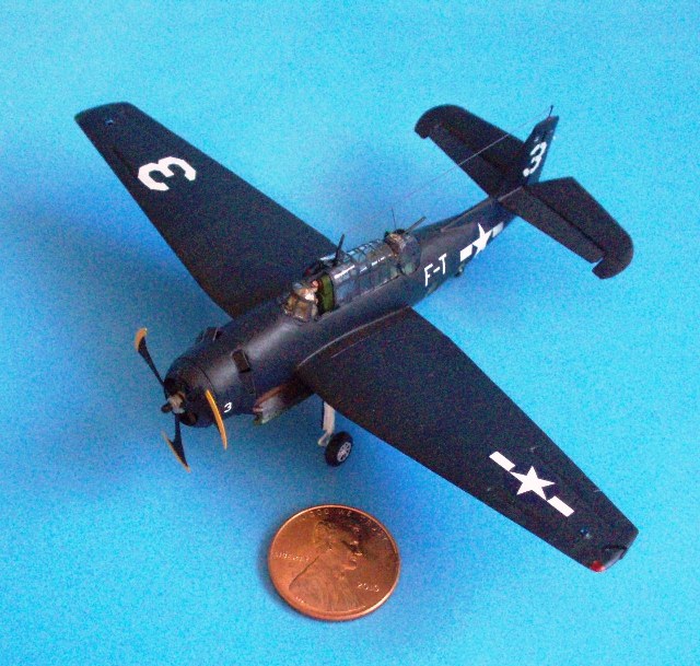 To give you an idea of the scale of 1/144, here is the completed model next to a US penny. The real-life Avenger had a 54-foot wingspan and weighed more than 5 tons - empty.