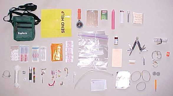 Photo of the Large Personal Survival Kit, showing complete contents and carrying pouch.