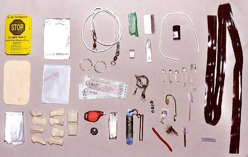 The complete contents of the mini-PSK, 60 items that just might help keep you alive.