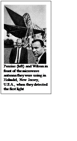 Text Box:  Penzias (left) and Wilson in front of the microwave antenna they were using in Holmdel, New Jersey, U.S.A., when they detected the first light