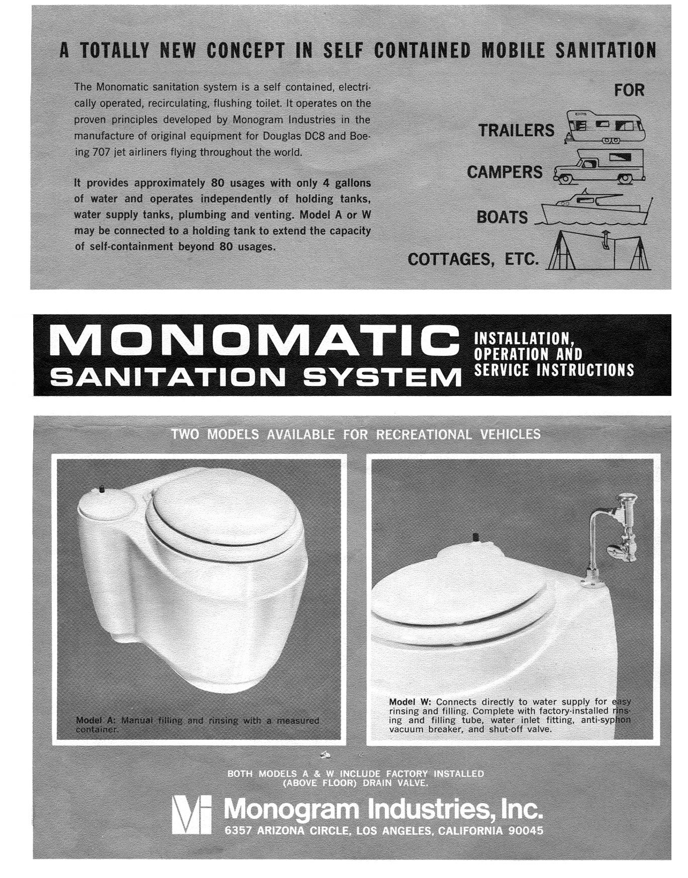 Vintage 1966 Monomatic RV Toilet Installation Operation Service Manual CD