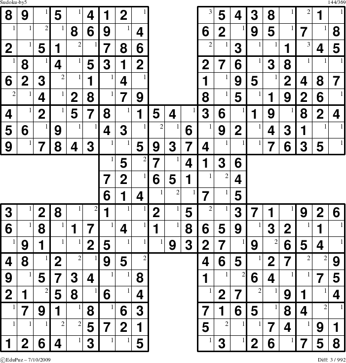 Easy Sudoku-by5 puzzle for Friday July 10, 2009 with the first 3 steps marked