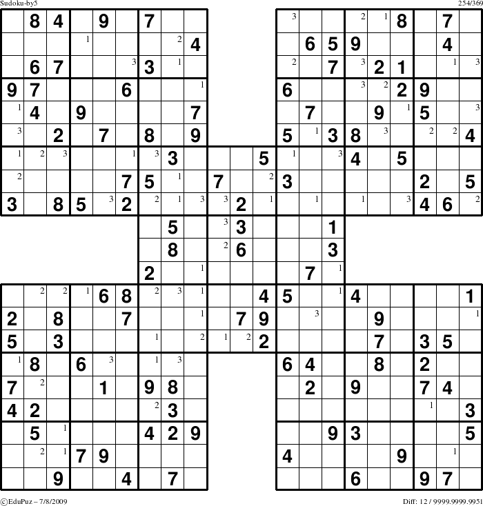 Difficult Sudoku-by5 puzzle for Wednesday July 8, 2009 with the first 3 steps marked