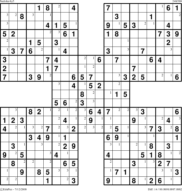 Difficult Sudoku-by5 puzzle for Sunday July 12, 2009 with the first 3 steps marked