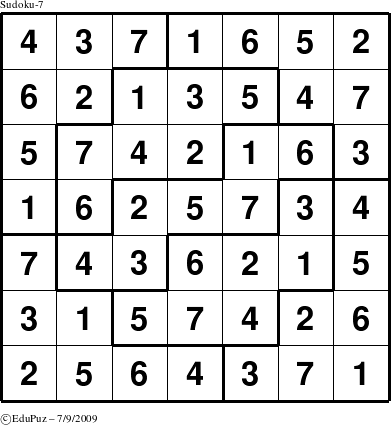 Answer grid for the Sudoku-7 puzzle for Thursday July 9, 2009
