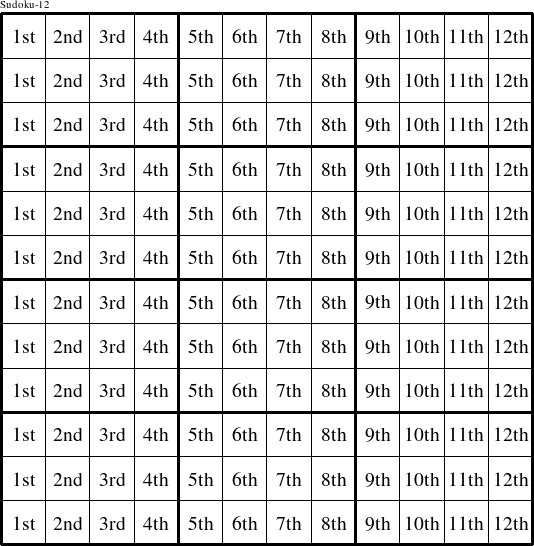 Each column is a group numbered as shown in this Sudoku-12 figure.