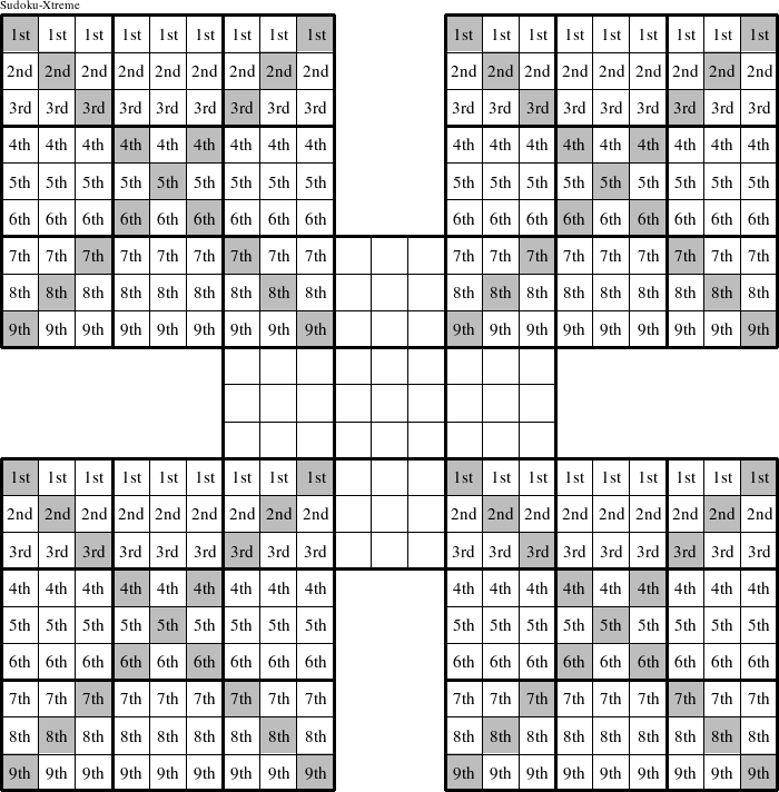 Each row in the upper left, upper right, lower left, and lower right puzzles is a group numbered as shown in this Sudoku-Xtreme figure.