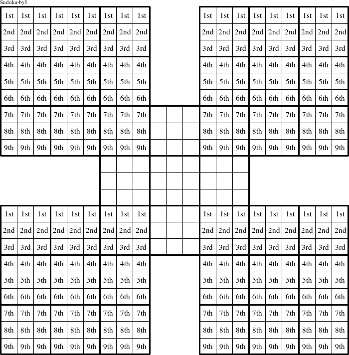 Each row in the upper left, upper right, lower left, and lower right puzzles is a group numbered as shown in this Sudoku-by5 figure.