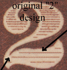 close-up of the original 1916 design of the "2" Dollar - shallow tip in elbow corner and base top shade line not interrupted by curve